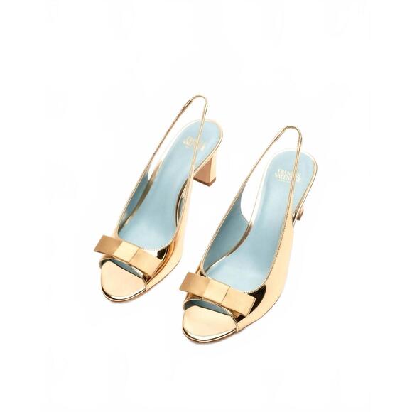 Reese Slingback Heel - Platino – Frances Valentine NEW FRANCES VALENTINE women\'s reese bow mirror slingback heels in mirror gold